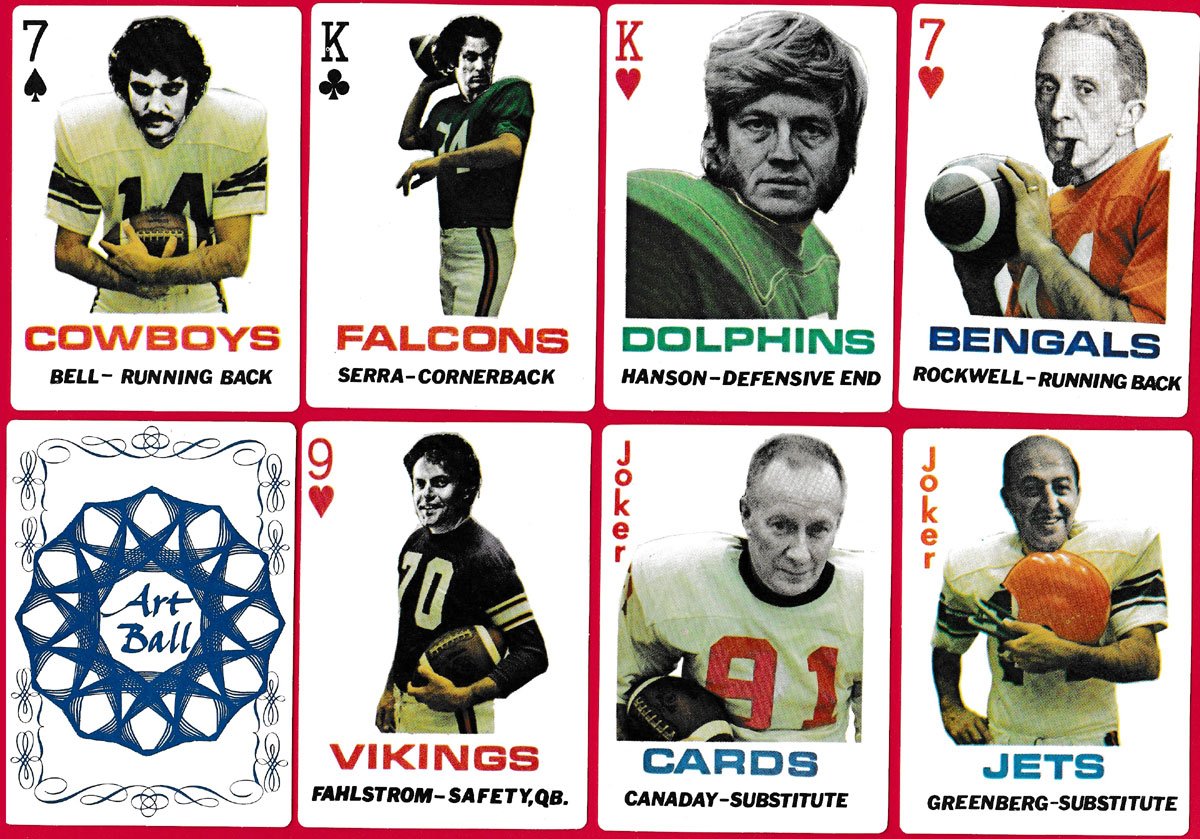 Seven Artball Playing Cards and the blue "Art Ball" card back: Bell (Cowboys), Serra (Falcons), Hanson (Dolphins), Rockwell (Bengals), Fahlström (Vikings), and the two jokers, Canaday (Cards) and Greenberg (Jets).