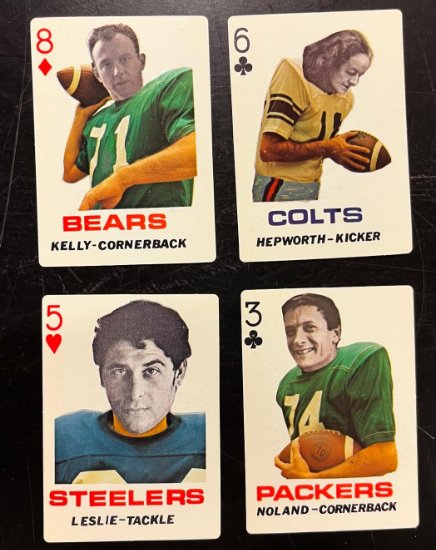 Four Artball Playing Cards: Kelly (Bears), Hepworth (Colts), Leslie (Steelers), and Noland (Packers).
