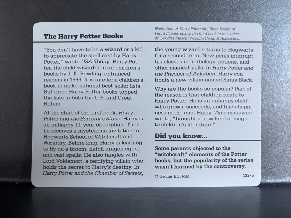 Grolier “Story of America,” The Harry Potter Books, card back