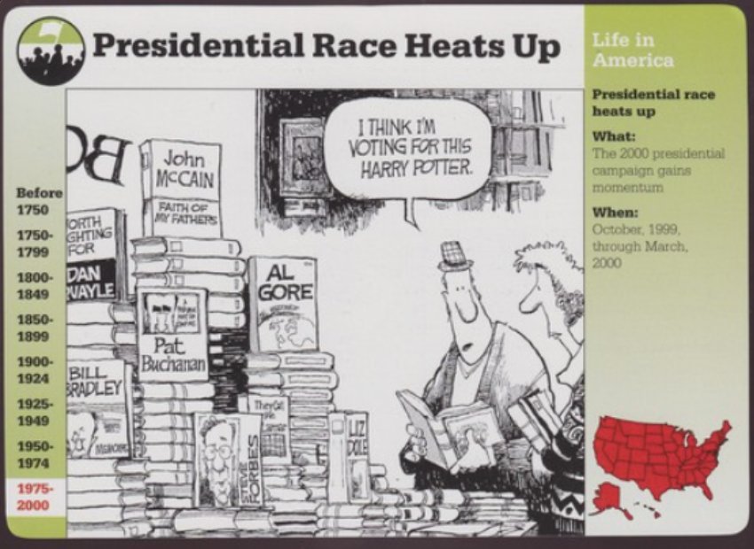 Grolier "Life in America" card, "Presidential Race Heats Up," October 1999 through March 2000, featuring a cartoon mentioning Harry Potter