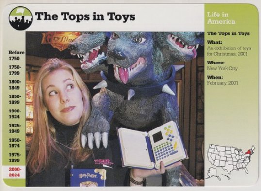 Grolier "Life in America" card, "The Tops in Toys," February 2001 toy exhibition with visible Harry Potter merchandise