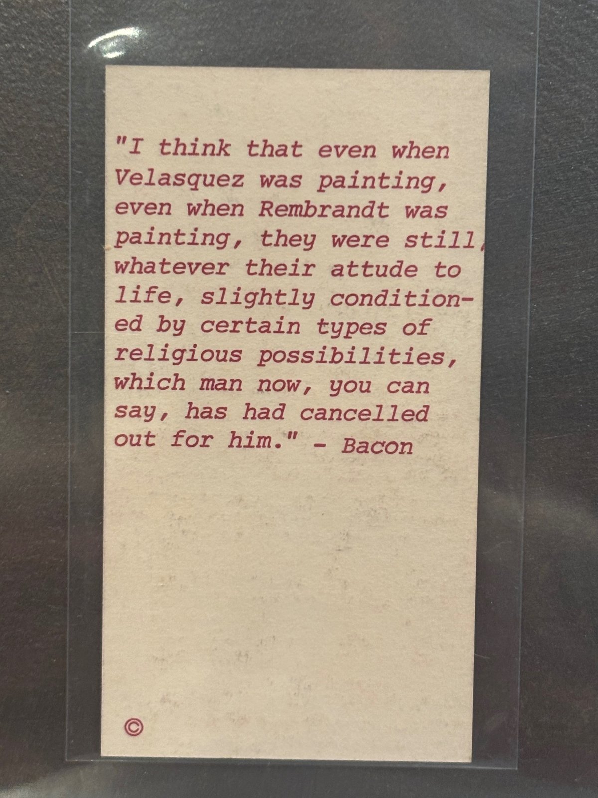 Back of the Bacon card: a typed red quotation from Bacon about Velázquez, Rembrandt, and "religious possibilities."
