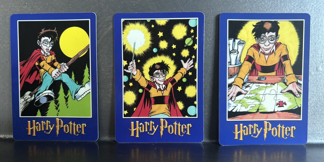 Harry Potter “Magic Will Happen” vending machine card, three different character cards shown together