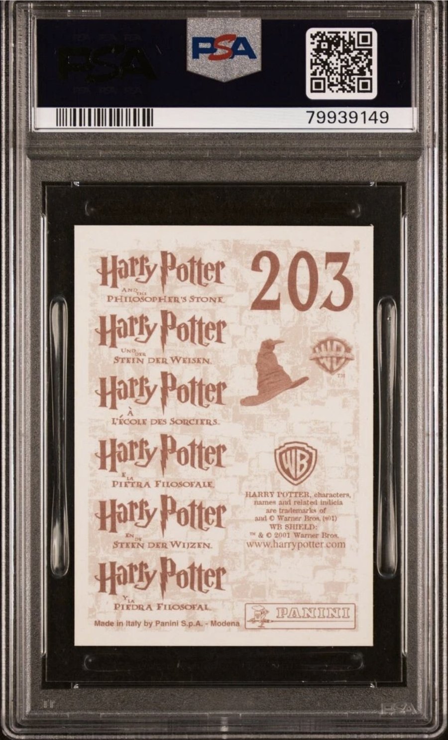 2001 Panini Harry Potter Philosopher’s Stone sticker, holo #203, PSA slab back