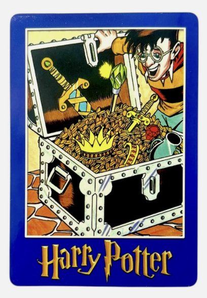 Harry Potter “Magic Will Happen” vending card: an overflowing treasure chest with Harry in the corner