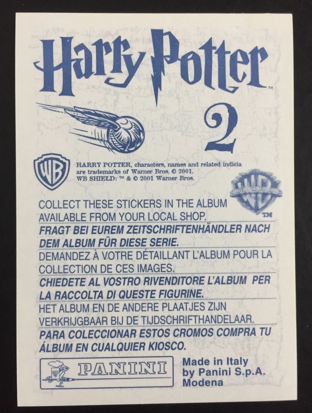 Panini “Book Illustration” sticker album, sticker #2 back